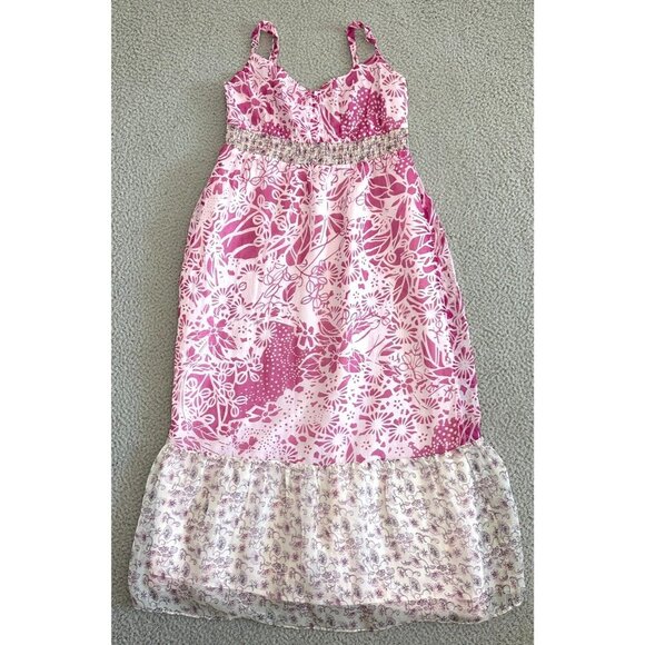 Maeve Silk Dress Never Ending Meadow Midi Pink Floral Spaghetti Smoked Tier - Picture 1 of 12